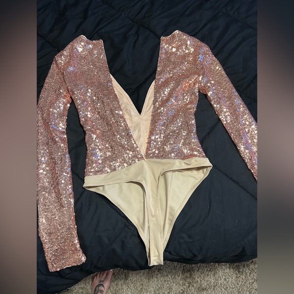 Hot Miami Styles Tops - Hot Miami Styles Gold and Cream Bodysuit with Luxe Details